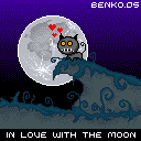 Gepixelte Nachtszenerie einer Katze am Rand einer Klippe mit kleinen Herzen über ihrem Kopf, hinter ihr ein großer Vollmond. Vor einem schwarzen Hintergrund wird am unteren Ende des Bildes weißer Text angezeigt: verliebt in den Mond.