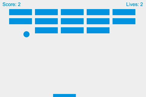 Spielbildschirm vom Spiel MDN Breakout, wo Sie Ihr Paddel verwenden können, um den Ball abzuprallen und das Ziegel-Feld zu zerstören, wobei der Punktestand und die Leben gehalten werden.