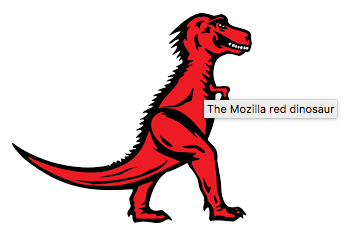 Screenshot eines roten Tyrannosaurus Rex mit dem Text "Der Mozilla rote Dinosaurier", der bei Mouseover als Tooltip angezeigt wird.