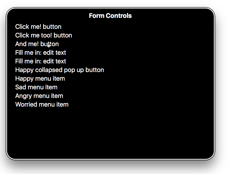 Liste von Formular-Eingabe-Beschriftungen, die von der VoiceOver-Software auf dem Mac gelistet werden. Diese Liste enthält bedeutungslose Beschriftungen wie "happy menu button" für verschiedene Formularelemente wie Schaltflächen, Textfelder und Links