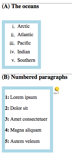 Eine Liste mit fünf Platzhaltern ist mit Nummerierte Absätze betitelt. Ein gelber Pin befindet sich rechts neben einem blauen Kästchen, das die Liste enthält.