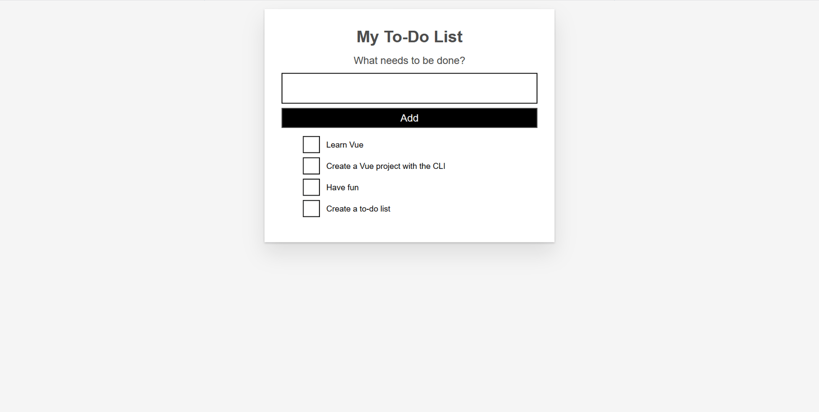 die To-Do-App mit vollständigem Styling. Das Eingabeformular ist nun richtig gestylt, und die To-Do-Items haben Abstand und benutzerdefinierte Kontrollkästchen