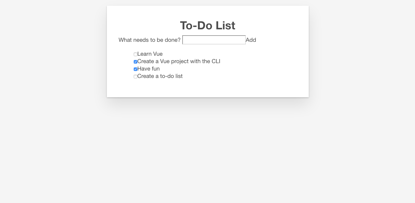 die To-Do-App mit teilweise hinzugefügtem Styling; die App befindet sich jetzt in einer Karte, aber einige der internen Funktionen benötigen noch Styling