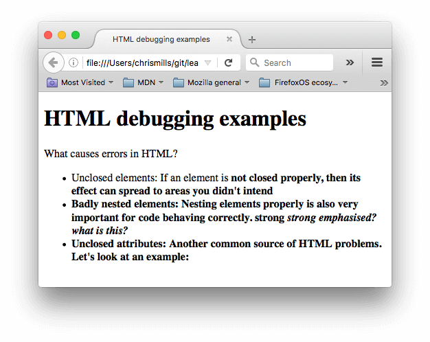 Ein einfaches HTML-Dokument mit dem Titel HTML-Debugging-Beispiele und einigen Informationen über häufige HTML-Fehler wie nicht geschlossene Elemente, schlecht verschachtelte Elemente und nicht geschlossene Attribute.