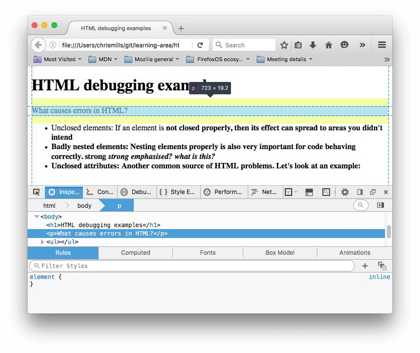 Der HTML-Inspector in Firefox, mit dem hervorgehobenen Absatz unseres Beispiels, der den Text "Was verursacht Fehler in HTML?" zeigt, Hier können Sie sehen, dass der Absatz vom Browser geschlossen wurde.