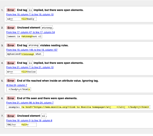 Eine Liste der HTML-Validierungsergebnisse vom W3C-Markup-Validation-Service