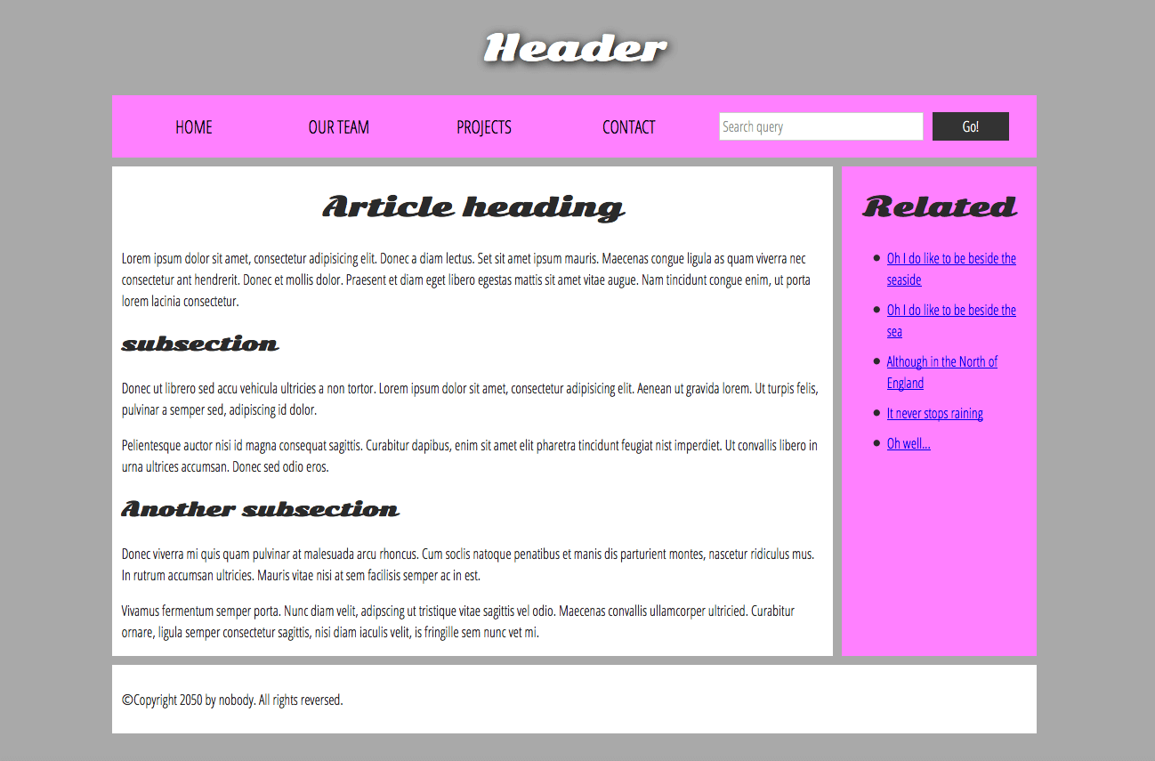 Ein einfaches Beispiel für die Struktur einer Website mit einer Hauptüberschrift, einem Navigationsmenü, Hauptinhalt, Seitenleiste und Fußzeile.