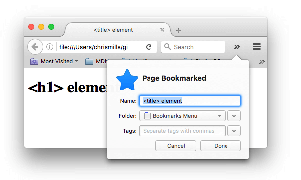Eine Webseite wird in Firefox mit einem Lesezeichen versehen. Der Lesezeichenname wurde automatisch mit dem Inhalt des 'title'-Elements ausgefüllt