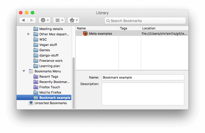 Der Firefox-Lesezeichenbereich zeigt ein Lesezeichenbeispiel mit einem nebenstehenden Favicon.