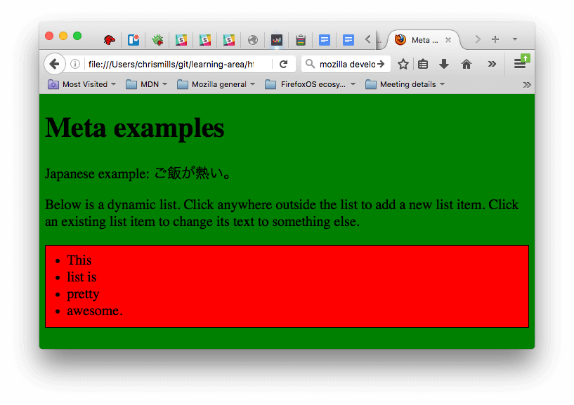 Beispiel zeigt eine Seite mit angewendetem CSS und JavaScript. Das CSS hat die Seite grün gemacht, während das JavaScript eine dynamische Liste zur Seite hinzugefügt hat.