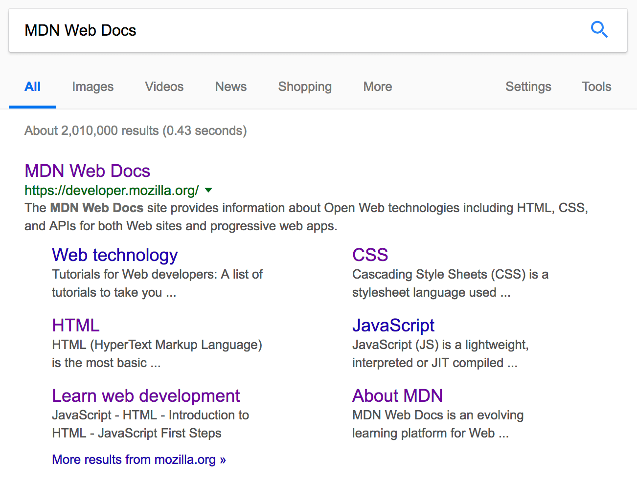 Ein Yahoo-Suchergebnis nach "Mozilla Developer Network"