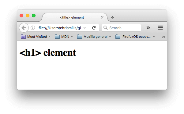 Eine Webseite mit 'title'-Text im Browser-Tab und 'h1'-Text als Seitenüberschrift im Dokumentenkörper.
