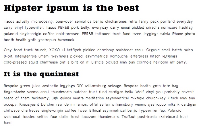 Das fertige Design einer Übung mit Webfonts. Die Seite hat zwei Überschriften und drei Absätze. Die Seite enthält verschiedene Schriftarten und Text in unterschiedlichen Größen.