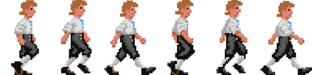 Ein Sprite-Blatt mit sechs Sprite-Bildern eines pixelierten Charakters, der wie eine von rechts gehende Person aussieht, zu verschiedenen Instanzen eines einzelnen Schrittes nach vorne. Der Charakter trägt ein weißes Hemd mit himmelblauen Knöpfen, schwarze Hosen und schwarze Schuhe. Jedes Sprite ist 102 Pixel breit und 148 Pixel hoch.