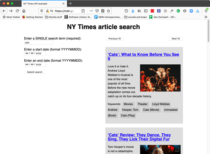 Ein Screenshot einer Beispiel-Suchanfrage und Suchergebnisse, wie sie aus der New York Artikel-Suche-API abgerufen wurden.