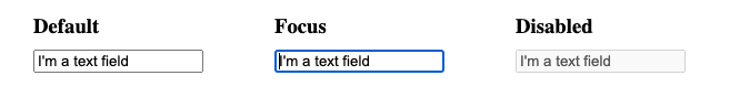 Screenshot der Texteingabe in Standard-, fokussierten und deaktivierten Zuständen in Chrome auf macOS