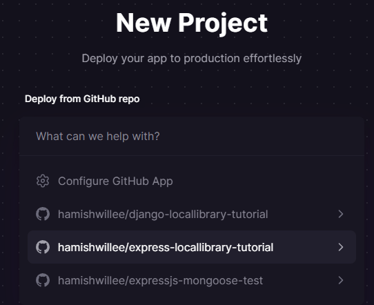 Railway-Popup zeigt die GitHub-Repos, die bereitgestellt werden können