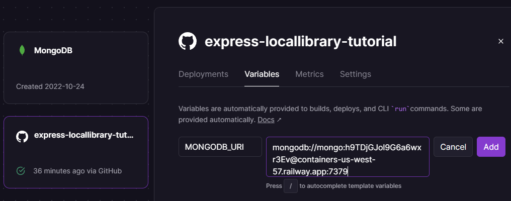 Railway-Website mit Variablenbildschirm beim Hinzufügen der MONGODB_URI-Variablen und Adresse