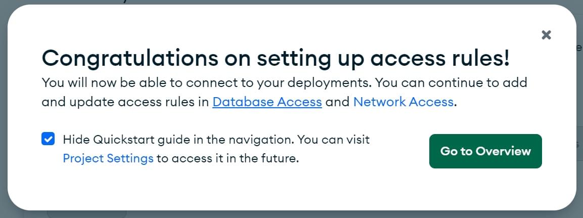 Gehen Sie zu den Datenbanken nach der Einrichtung der Zugriffsregeln auf dem MongoDB Atlas.