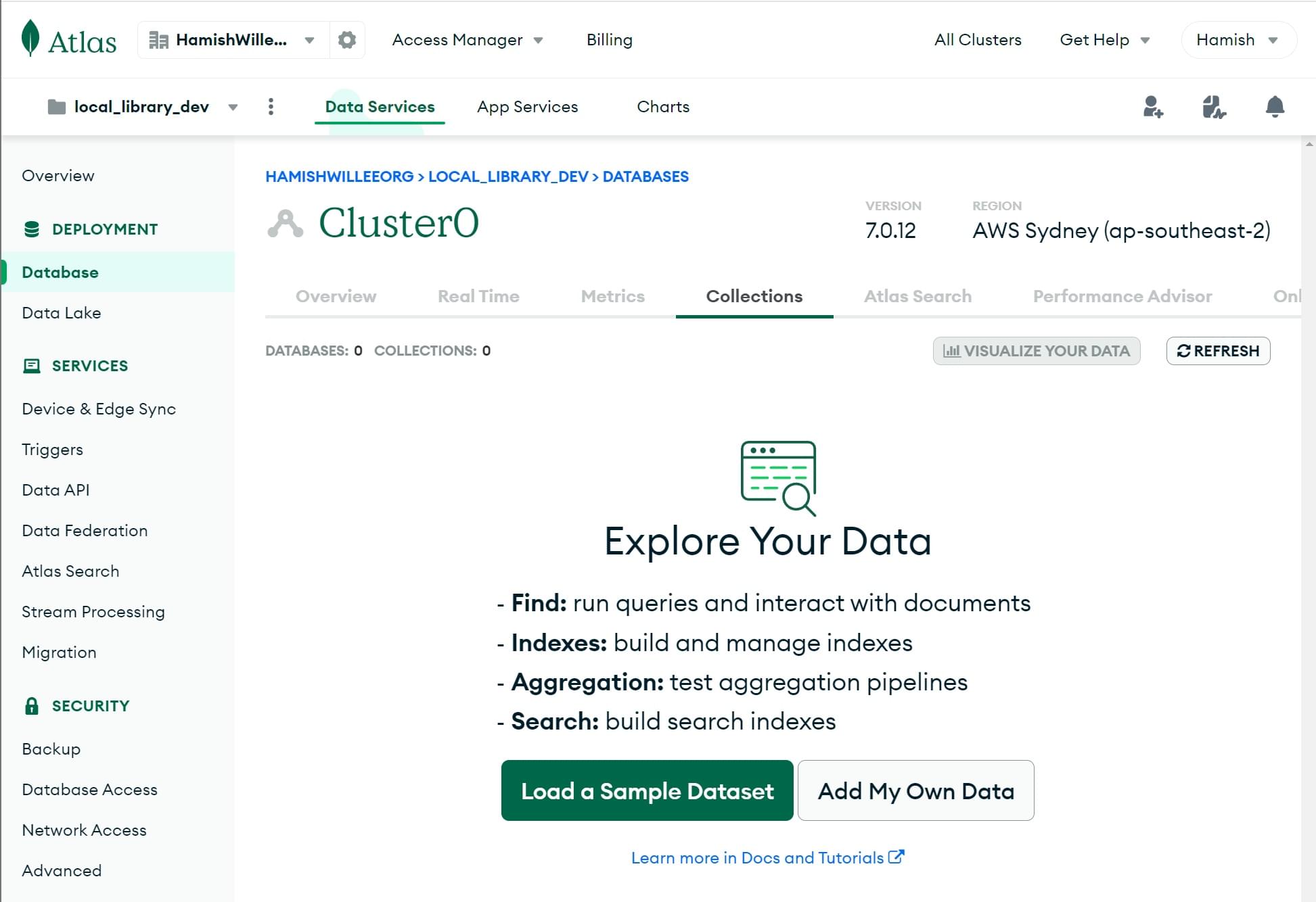 Erstellen einer Datenbank bei MongoDB Atlas.
