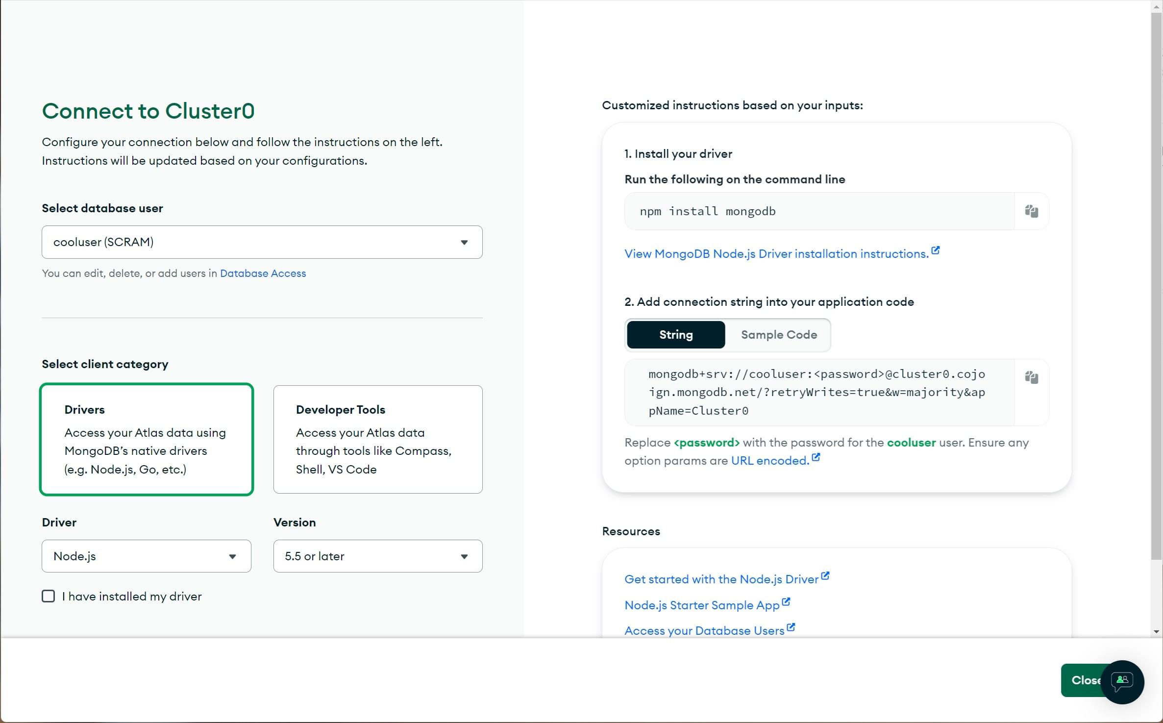 Wählen Sie die Short SRV-Verbindung, wenn Sie bei MongoDB Atlas eine Verbindung einrichten.