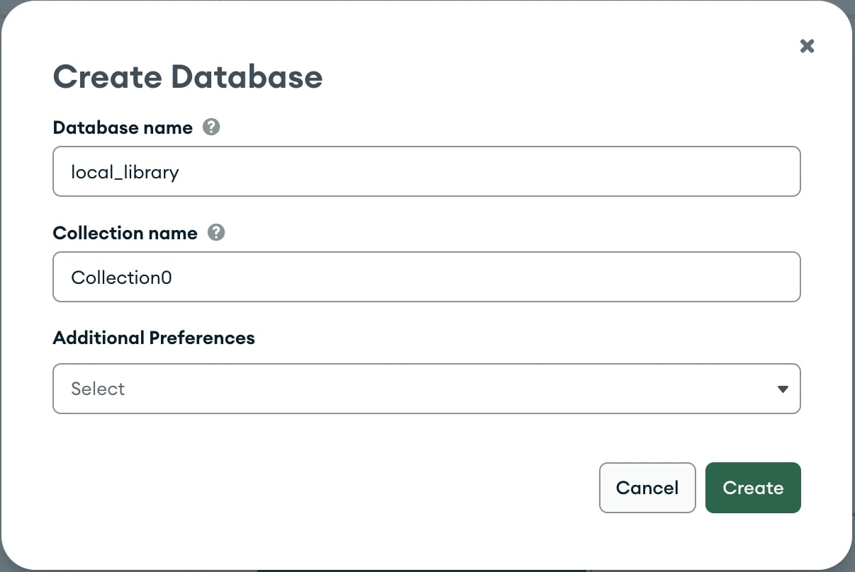 Details beim Erstellen einer Datenbank auf MongoDB Atlas.