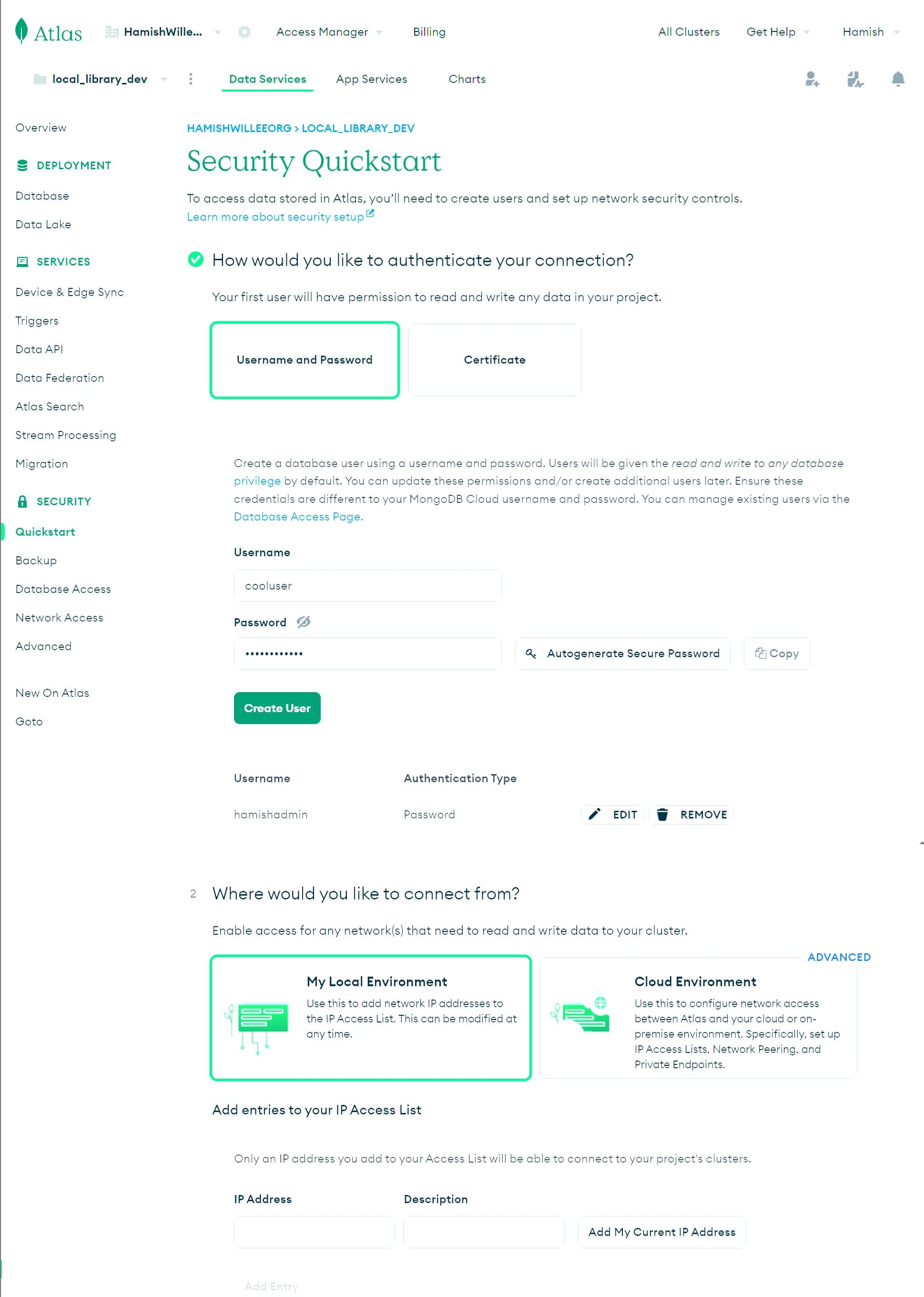 Richten Sie die Zugriffsregeln auf dem Sicherheits-Quickstart-Bildschirm bei MongoDB Atlas ein.