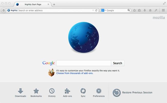 Beispiel für Firefox Nightly mit einer benutzerdefinierten Google-Seite als Standard