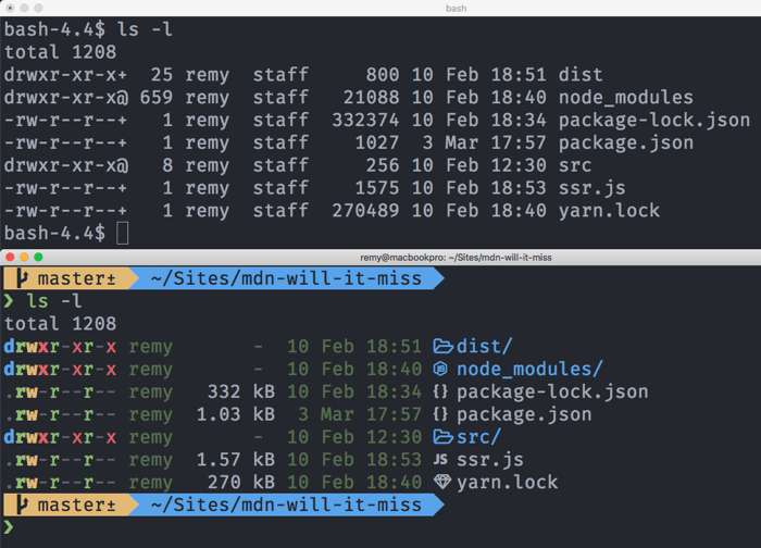 Ein einfaches macOS-Terminal und ein bunteres benutzerdefiniertes macOS-Terminal, die eine Dateiauflistung zeigen - das Ergebnis von ls -l