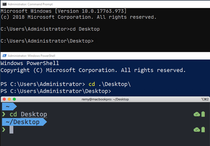 Ergebnisse des cd Desktop-Befehls, der in verschiedenen Windows-Terminals ausgeführt wird - der Terminalstandort wird auf den Desktop verschoben