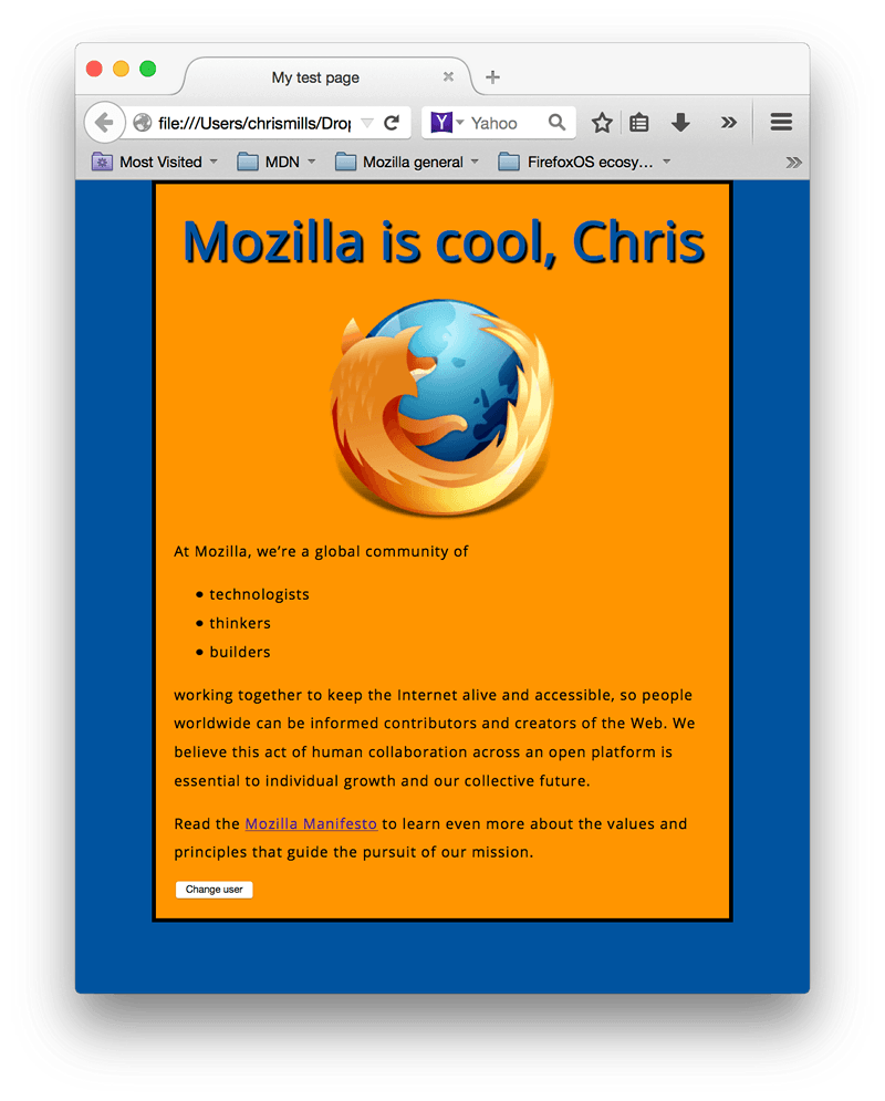 Endgültiges Aussehen der HTML-Seite nach dem Erstellen von Elementen: ein Header, ein großes zentriertes Logo, Inhalt und ein Button