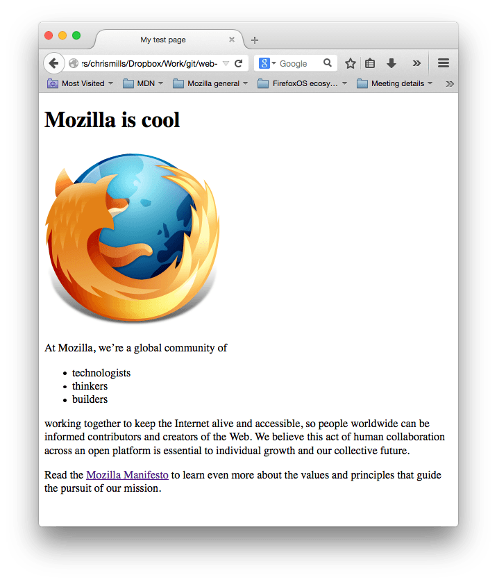Ein Screenshot einer Webseite mit einem Firefox-Logo, einer Überschrift "Mozilla is cool" und zwei Absätzen mit Fülltext