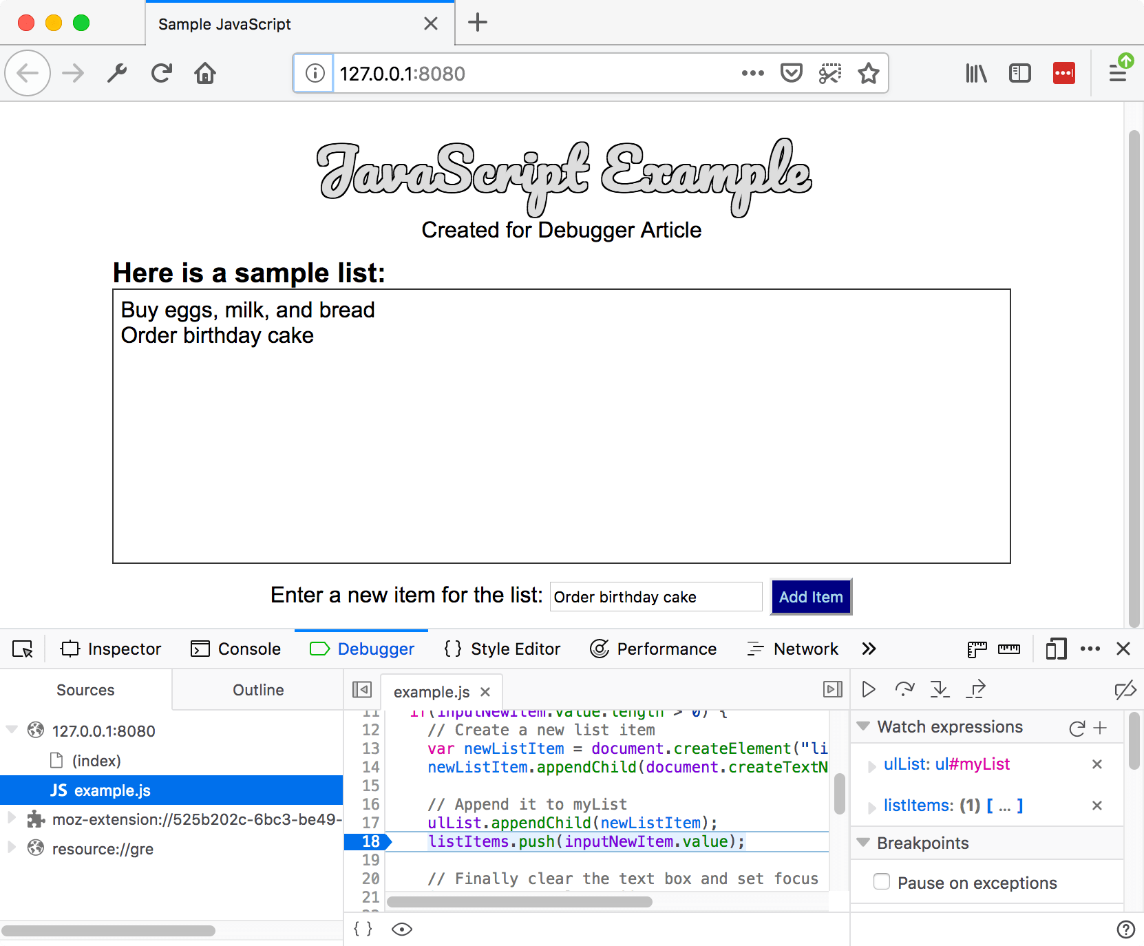 Eine Testwebsite, die lokal auf Port 8080 bereitgestellt wird. Das Unterfenster der Entwicklerwerkzeuge ist geöffnet. Die Registerkarte JavaScript-Debugger ist ausgewählt. Es ermöglicht Ihnen, den Wert von Variablen zu beobachten und Breakpoints zu setzen. Eine Datei mit dem Namen 'example.js' ist aus dem Quellen-Paneel ausgewählt. Ein Breakpoint ist auf Zeile 18 der Datei gesetzt.