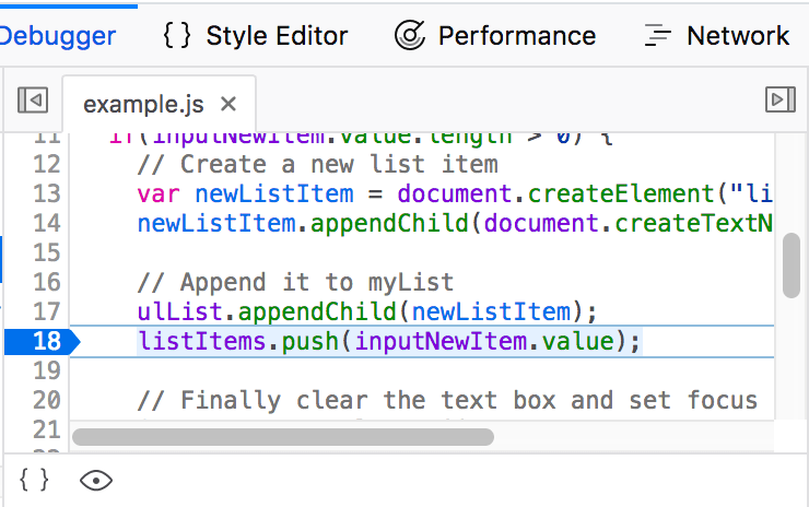 Ausschnitt des Entwicklerwerkzeuge-Debugger-Panels mit dem bei Zeile 18 gesetzten Breakpoint, der hervorgehoben ist.
