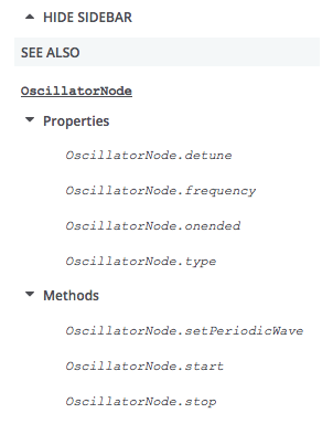 In diesem Screenshot wird ein vertikales Navigationsmenü für die OscillatorNode-Schnittstelle angezeigt, mit mehreren Unterlisten für Methoden und Eigenschaften, wie sie vom APIRef-Makro generiert werden