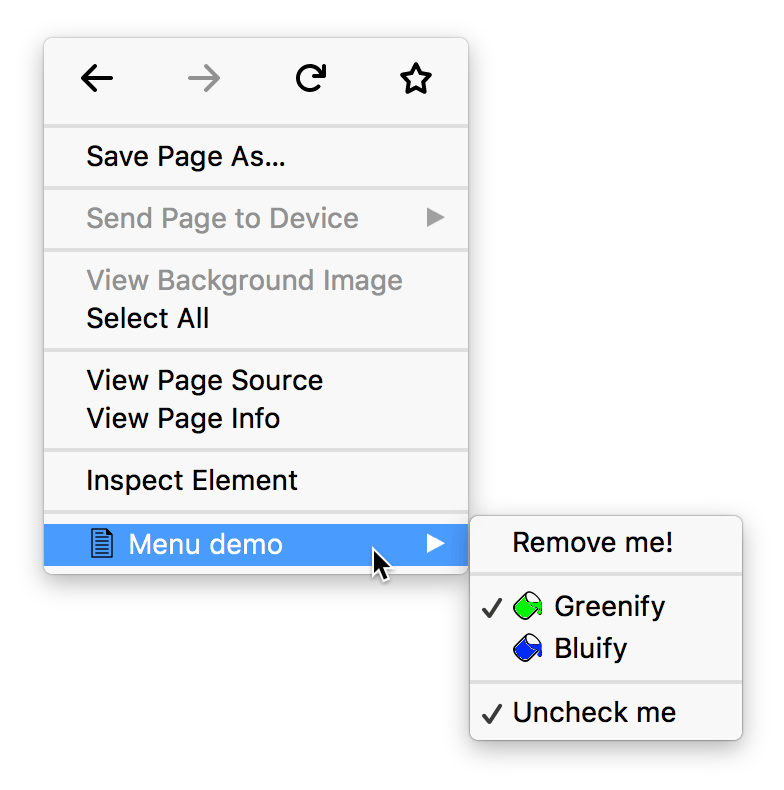 Kontextmenü mit vier Elementen mit den Beschriftungen Please remove me, Greenify, Bluify und Please uncheck me. Greenify und Bluify sind Radiobuttons mit benutzerdefinierten Icons.