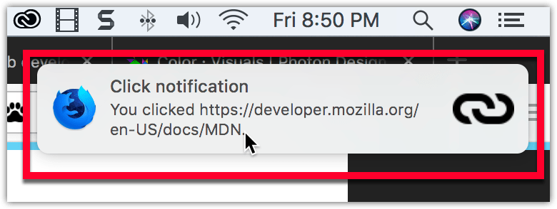 Beispiel einer Benachrichtigung auf macOS, unterhalb der Systemuhr, mit einem fettgedruckten Titel "Click notification", gefolgt von normalem Text "You clicked https://newreal1.mobosoft.fun/de/docs/MDN". Die Benachrichtigung hat das Firefox-Nightly-Logo auf der linken Seite und ein Link-Symbol auf der rechten Seite.