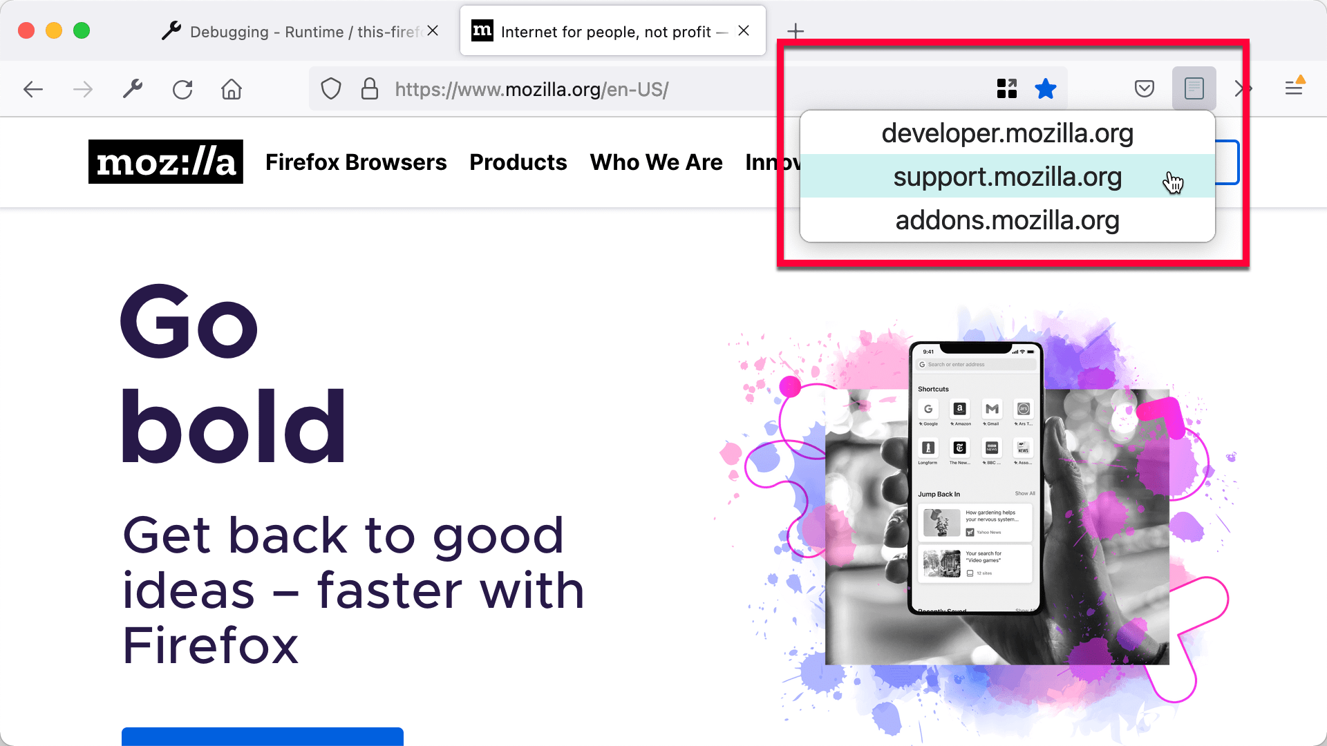 Der von der Erweiterung hinzugefügte Symbolleisten-Button mit einem Popup