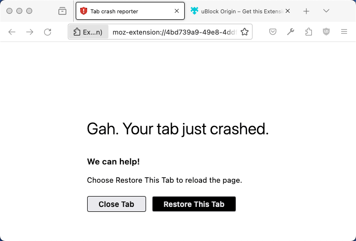 Browserfenster zeigt die Benutzerbenachrichtigung an, dass eine Seite abgestürzt ist, mit Optionen zum Schließen oder Neustarten des Tabs
