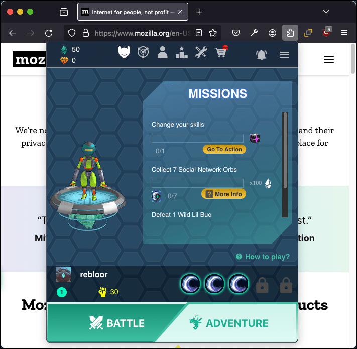 Das Dedalium-Popup zeigt den Spielstatus an und bietet Optionen, um ein Abenteuer oder einen Kampf zu starten.