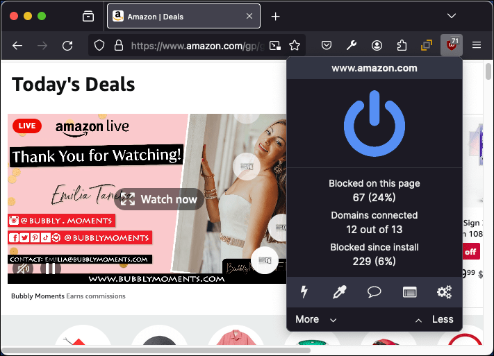 Das uBlock Origin-Popup zeigt die Statistiken der blockierten Tracker an.