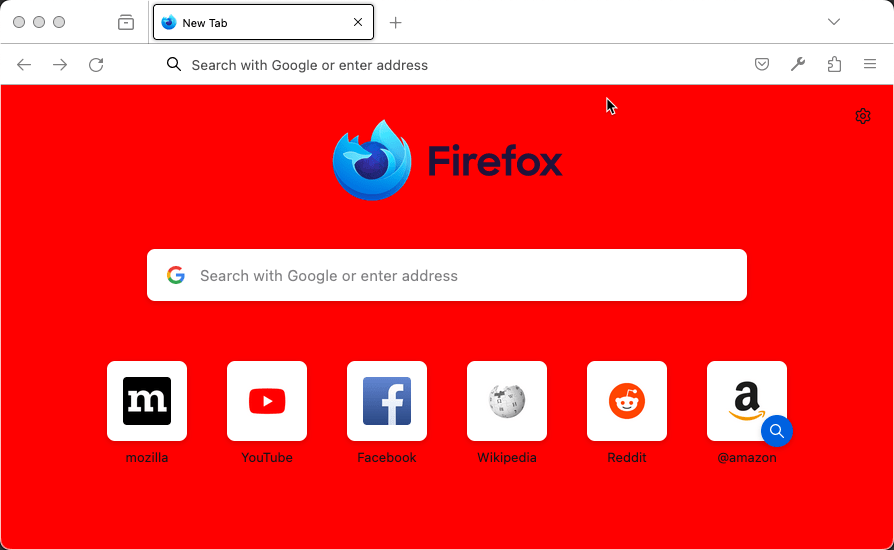 Firefox zeigt eine neue Tab-Seite an. Der Hintergrund der Seite ist rot.