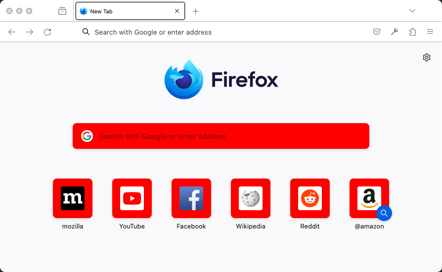 Firefox zeigt eine neue Tab-Seite an. Auf der Seite ist der Hintergrund der Suchleiste und der Schnellzugriffstasten rot.
