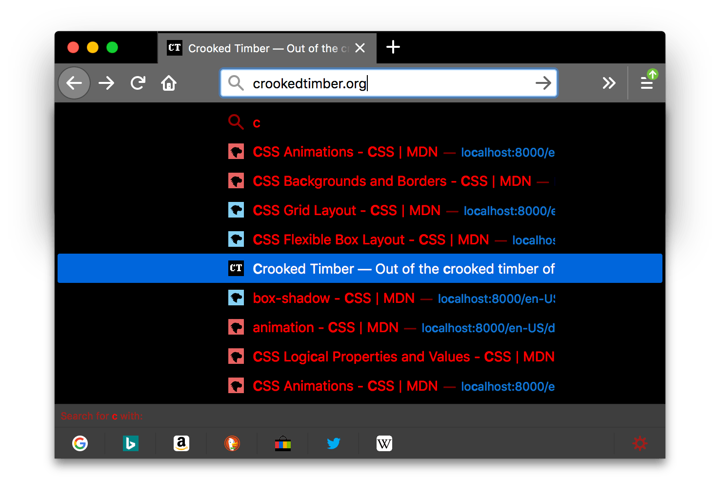 Die Firefox-Benutzeroberfläche ist schwarz. Die Tabs und die URL-Leiste sind heller grau mit weißen Symbolen und Text. Ein Popup mit Suchergebnissen wird angezeigt, wobei die Textfarbe der Elemente rot ist. Die Textfarbe kontrastiert gut mit der schwarzen Hintergrundfarbe des Popups.