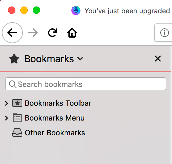 Ein Nahaufnahme der Firefox-Browser-Lesezeichen-Seitenleiste mit einem roten horizontalen Separator zwischen dem Titelbereich der Seitenleiste und dem Menü der Seitenleiste. Die Rahmen- und Trennlinie der Seitenleiste ist rot.