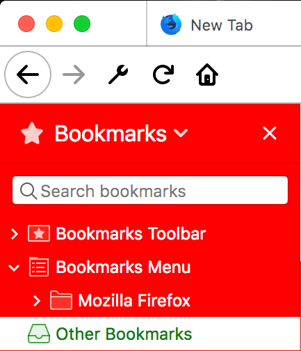 Ein Nahaufnahme-Screenshot eines geöffneten Seitenleistenfensters des Browsers. Die Hintergrundfarbe der Seitenleiste ist rot.