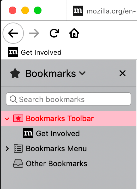 Ein Nahaufnahme der Firefox-Browser-Lesezeichen-Seitenleiste mit einem hervorgehobenen Element. Die Farbe des Textes einer hervorgehobenen Zeile in der Seitenleiste ist rot. Die Textfarbe kontrastiert gut mit der rosa Hintergrundfarbe der hervorgehobenen Zeile.