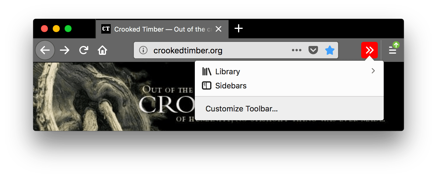 Die Firefox-Benutzeroberfläche ist schwarz. Die Tabs und die URL-Leiste sind grau mit weißem Text. Das 'Toolbar anpassen'-Icon in der URL-Leiste ist weiß mit einem roten Hintergrund und wird gedrückt, ein Popup wird geöffnet, das eine kurze Liste von Elementen anzeigt, die zur Toolbar hinzugefügt werden können, wie die Browser-Bibliothek und die Seitenleisten.