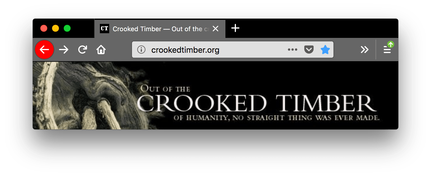 Die Firefox-Benutzeroberfläche ist schwarz. Die Tabs und die URL-Leiste sind grau mit weißem Text. Das 'Zurück'-Icon ist weiß mit einem roten Kreis-Hintergrund.