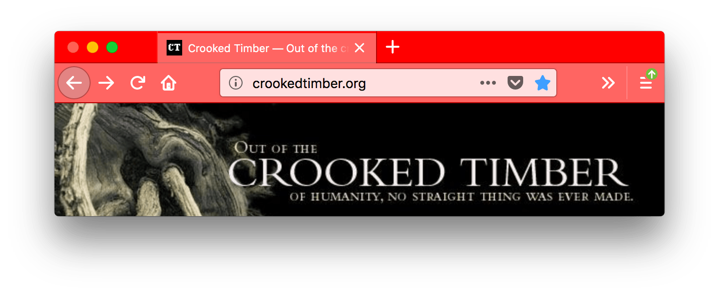 Die Firefox-Benutzeroberfläche ist rot mit weißem Text. Die Tabs sind heller rot, ebenfalls mit weißem Text. Die URL-Leiste ist sehr hellrot mit schwarzem Text